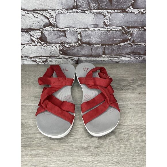 Clarks Cloud Steppers Red Fabric Strappy Wedge Comfort Sandals Women 8M US/39EU - Picture 14 of 16